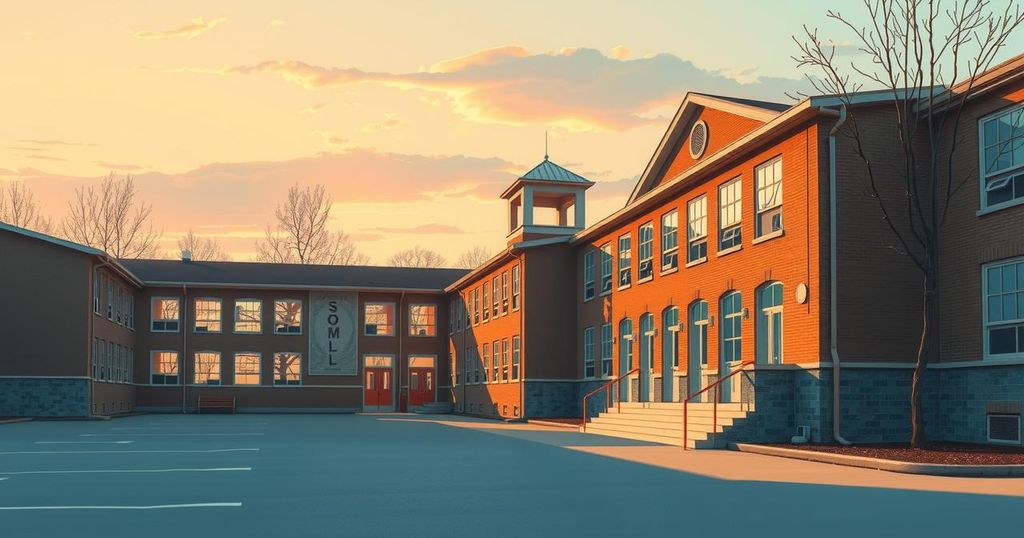 A serene landscape with a glowing sunrise over a peaceful school, symbolizing hope and healing.