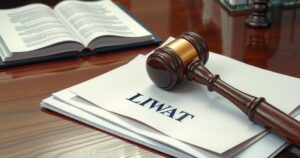 A gavel positioned near a legal document on a wooden surface, conveying justice and legal proceedings.