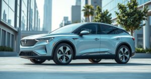 A sleek electric SUV in a modern urban setting, showcasing its spacious interior and innovative design features.