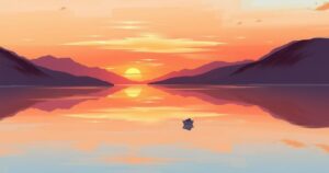 A peaceful landscape contrasting war and diplomacy, featuring a serene sunset over a calm lake, symbolizing hope and resolution.