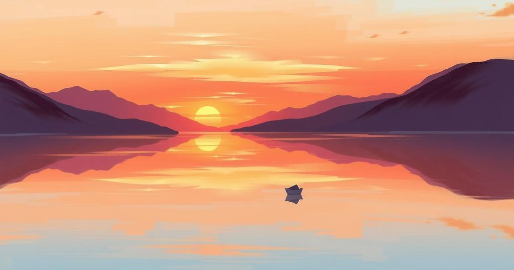 A peaceful landscape contrasting war and diplomacy, featuring a serene sunset over a calm lake, symbolizing hope and resolution.