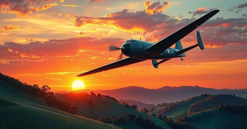 Illustration of a military-style aircraft flying over the landscape of Eswatini, under a sunset sky.