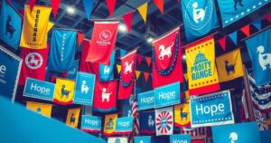 Political campaign scene with vibrant banners, campaign posters, and symbolic colors representing democracy and change.