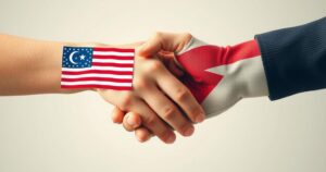 A symbolic representation of UAE and Turkey partnership with flags and handshake in an artistic style and warm color tones.