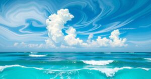 A vibrant Gulf scene with swirling clouds and tropical waves, depicting the forecast for potential tropical development.