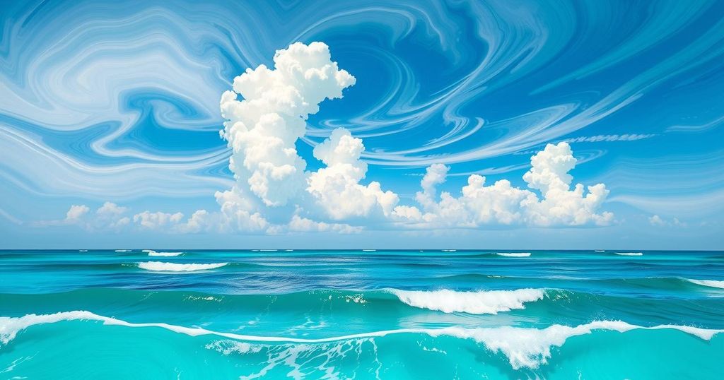 A vibrant Gulf scene with swirling clouds and tropical waves, depicting the forecast for potential tropical development.