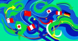 Tariffs on trade illustrated with flags and arrows in a colorful abstract pattern representing international relations.
