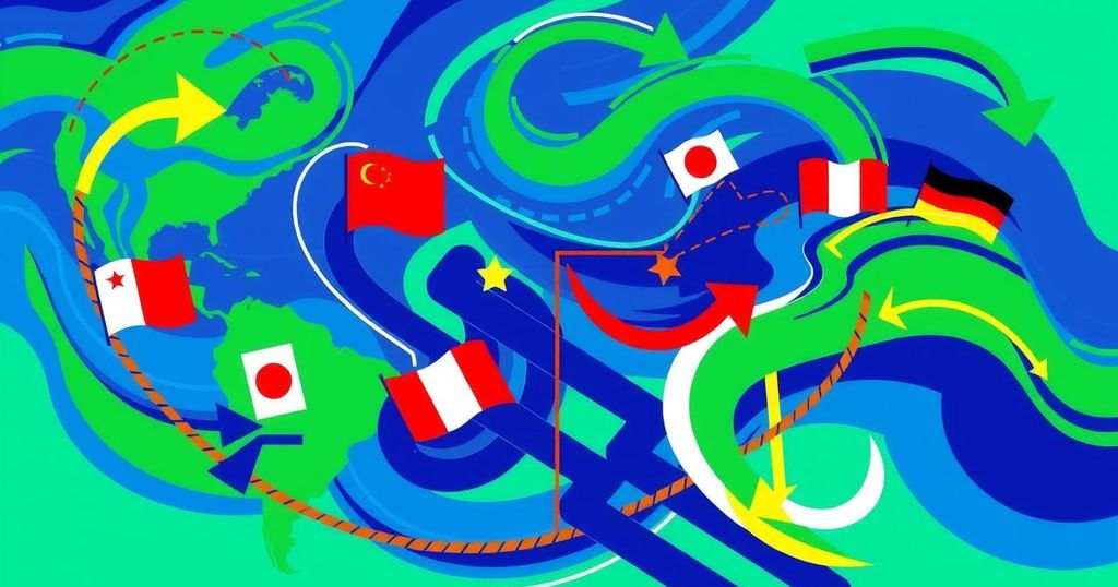 Tariffs on trade illustrated with flags and arrows in a colorful abstract pattern representing international relations.