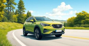 Compact SUV with distinct design, in a vibrant landscape under bright blue sky, reflecting a sunny day.