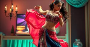 A belly dancer performing in traditional attire with intricate patterns and vibrant colors against a lively backdrop.