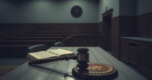 A somber courtroom setting with empty benches and a gavel, representing justice and legal proceedings.