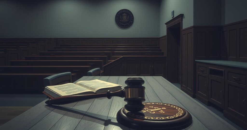 A somber courtroom setting with empty benches and a gavel, representing justice and legal proceedings.