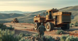A visually impactful scene depicting military and humanitarian efforts, showcasing engineering machinery in action.