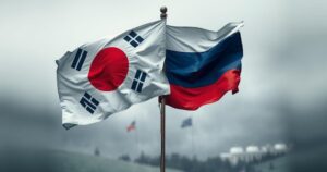 North Korea and Russia's strategic alliance symbolized by two flags intertwined, in a muted color palette.
