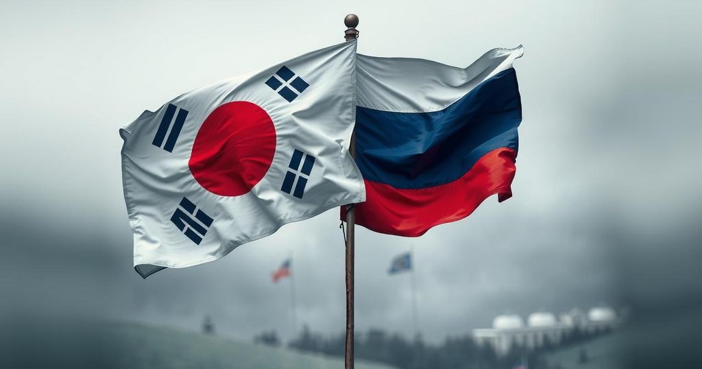 North Korea and Russia's strategic alliance symbolized by two flags intertwined, in a muted color palette.
