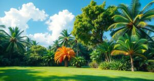 A serene landscape showcasing vibrant tropical foliage and a bright blue sky, symbolizing hope and resilience.