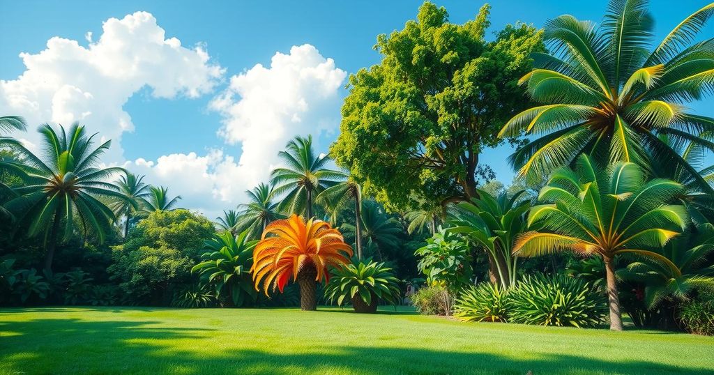 A serene landscape showcasing vibrant tropical foliage and a bright blue sky, symbolizing hope and resilience.