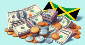 A currency exchange scene with US dollar bills, Jamaican notes, and coins, in a vibrant, colorful style.