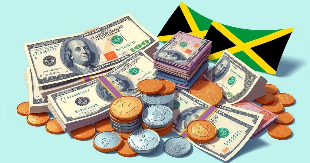 A currency exchange scene with US dollar bills, Jamaican notes, and coins, in a vibrant, colorful style.