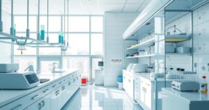 A modern laboratory showcasing scientific instruments and equipment in a bright, innovative setting.