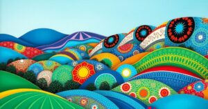 Colorful landscape with abstract patterns inspired by Hungary and Uzbekistan cultures, featuring vibrant shades of blue and green.