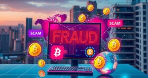 A digital fraud scene illustrating internet scams and cryptocurrency, with a modern urban backdrop in vibrant colors.