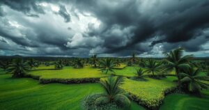 A vibrant landscape of Madagascar with lush greenery and stormy skies, showcasing resilience amid cyclones.
