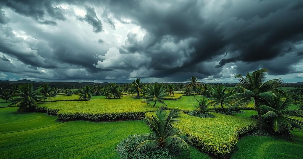 A vibrant landscape of Madagascar with lush greenery and stormy skies, showcasing resilience amid cyclones.