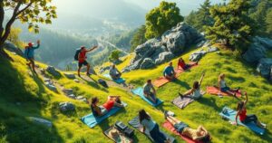 Vibrant hillside with diverse greenery, hikers exploring paths with music, enjoying nature, and engaging in group activities.