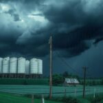 Stormy weather scene with dark clouds and heavy rain over a landscape, representing a flood watch.