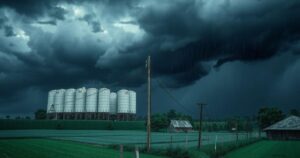 Stormy weather scene with dark clouds and heavy rain over a landscape, representing a flood watch.
