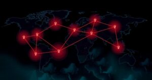 A stylized graphic depicting interconnected global locations with symbolic drug elements, in a dark color scheme with neon highlights.
