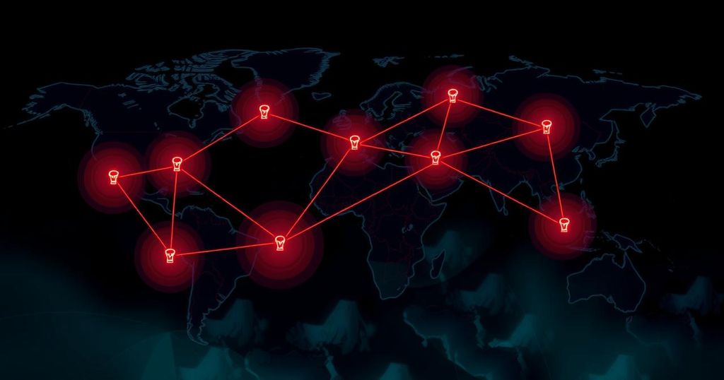 A stylized graphic depicting interconnected global locations with symbolic drug elements, in a dark color scheme with neon highlights.