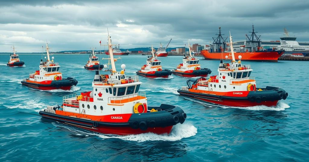 Colorful illustration of various tugboats in dynamic sea action, reflecting modern design and nautical engineering.