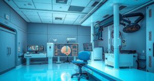A futuristic brain research lab filled with advanced technology and scientific equipment, vibrant and dynamic color palette.