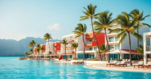 North Korean beach resort with modern architecture, vibrant colors, tropical setting, and ocean view.