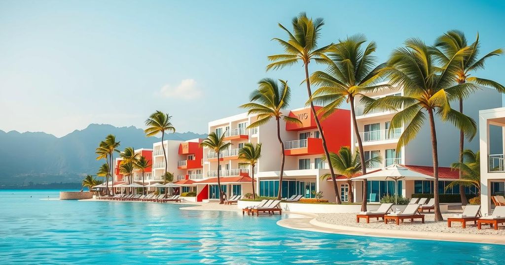 North Korean beach resort with modern architecture, vibrant colors, tropical setting, and ocean view.