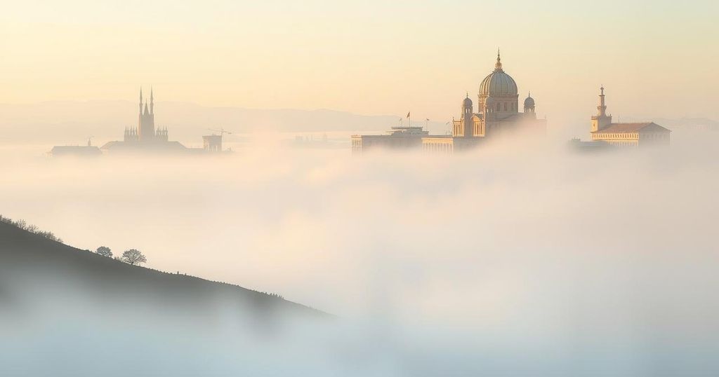 Foggy Lebanese landscape with ethereal mountains and faint outlines of political buildings, evoking a sense of uncertainty.