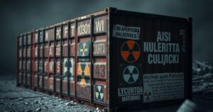 A rugged container with ambiguous markings suggesting nuclear materials, set against a dramatic background, emphasizing disinformation.