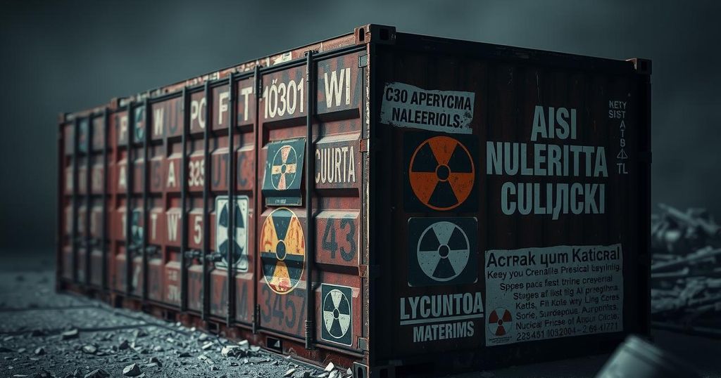 A rugged container with ambiguous markings suggesting nuclear materials, set against a dramatic background, emphasizing disinformation.