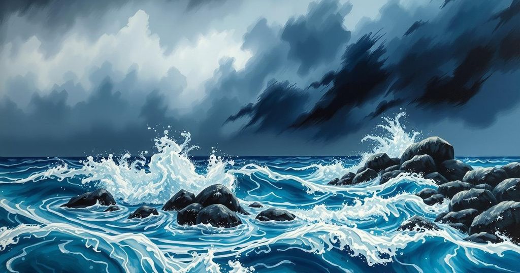 Dramatic clouds and intense waves illustrate the power of a tropical storm in Thailand's monsoon season.
