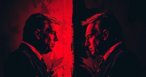 A symbolic representation of political conflict and history with dark backgrounds and bold text-like silhouettes.