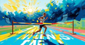 A runner breaking through a finish line in a track and field setting, conveying speed and triumph.