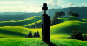 A vibrant green landscape symbolizing hope contrasted with a shadowy vape device, representing the vaping crisis.