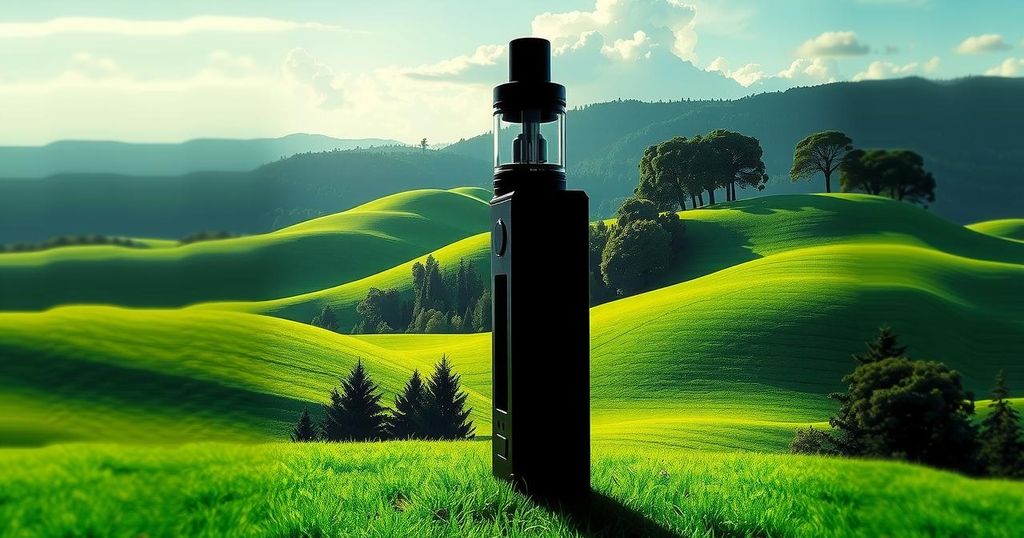 A vibrant green landscape symbolizing hope contrasted with a shadowy vape device, representing the vaping crisis.