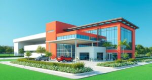 Electric vehicle factory in Brazil with modern architecture, bright colors, and lush greenery surrounding it.