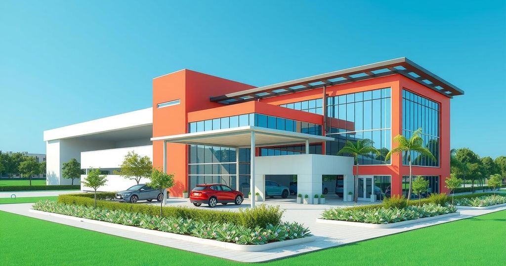 Electric vehicle factory in Brazil with modern architecture, bright colors, and lush greenery surrounding it.
