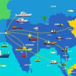 Colorful map highlighting trade routes between the US and Vietnam, showcasing economic cooperation, modern style.