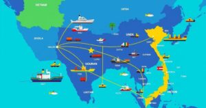 Colorful map highlighting trade routes between the US and Vietnam, showcasing economic cooperation, modern style.