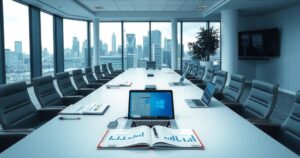 An overview of a corporate meeting room with a conference table, charts, and laptops reflecting business discussions.